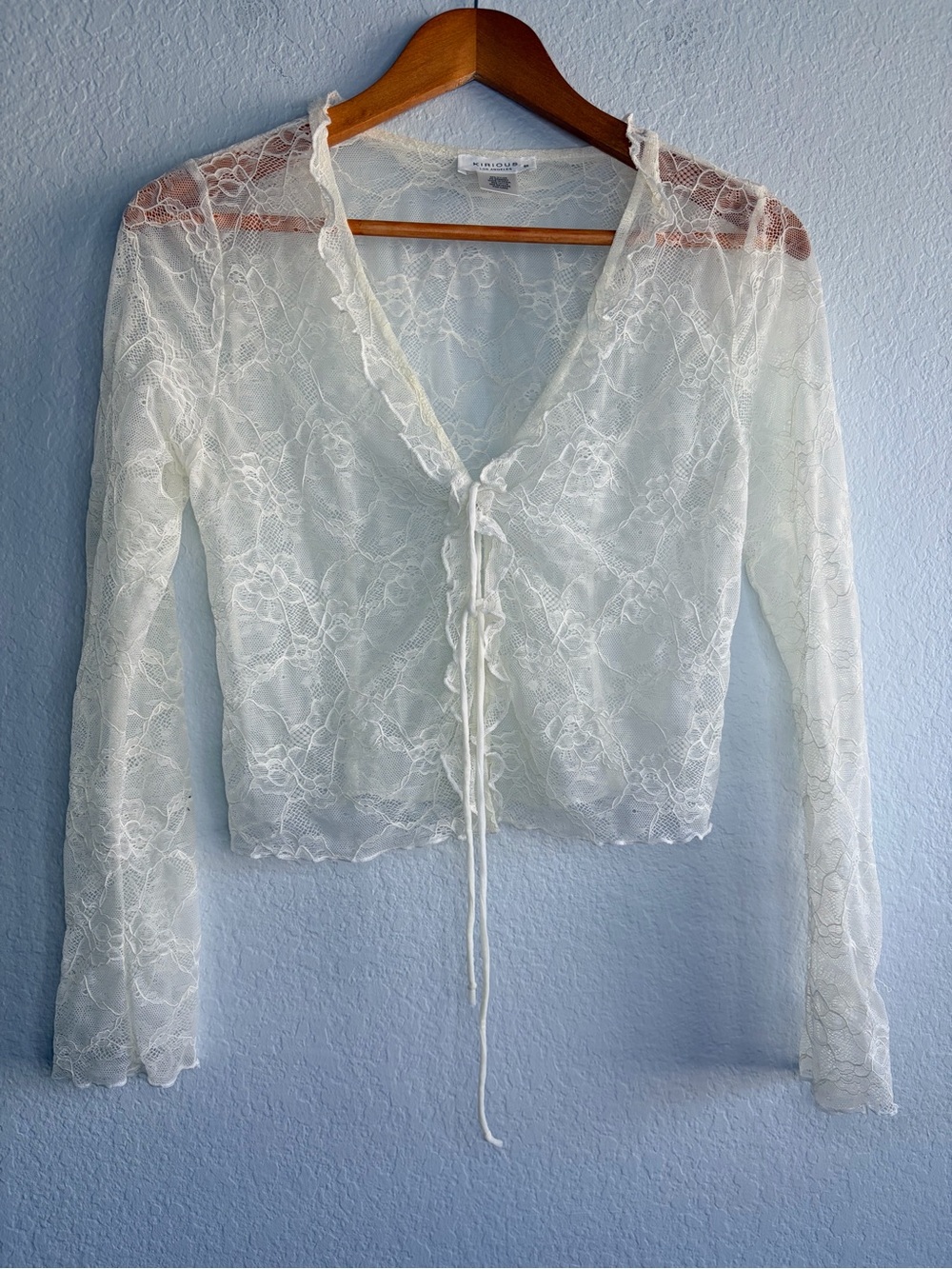 Sheer Lace Tie-Front Crop Blouse in White, Size Medium